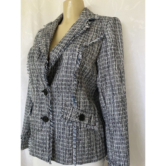 NWOT Karl Lagerfeld Fringe Trim Tweed Blazer Jacket Metallic Blue Two Bu… - Picture 3 of 12